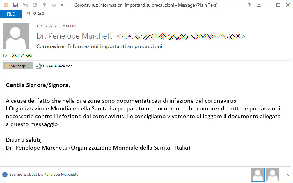 Malicious Spam about Coronavirus