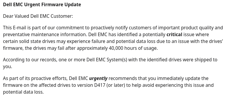 Dell EMC Firmware update message