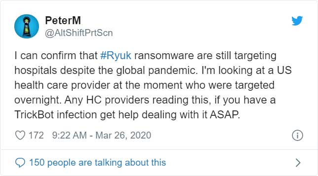 PeterM Ryuk Ransomware Tweet
