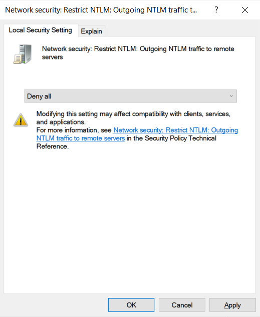 Network security: Restrict NTLM: Outgoing NTLM traffic to remote servers policy